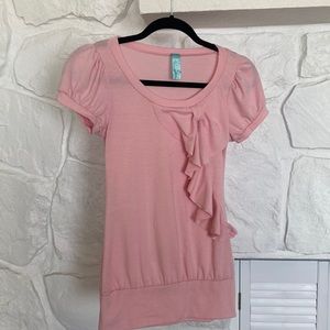 Zoah Design Light pink top puffy short sleeves ruffle front jersey knit